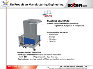 25
25
ILF /Journée Lean en Ingénierie / DJ, LVParis, 9 Avril 2013
SOGEFI is the legal owner or licensee of any intellectual property rights contained in this confidential document.
Any use, in whatever form or for whatever purpose, in whole or in part, and regardless of the means used, is subject to SOGEFI's prior written approval.
Du Produit au Manufacturing Engineering
 