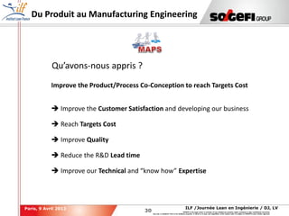 30
30
ILF /Journée Lean en Ingénierie / DJ, LVParis, 9 Avril 2013
SOGEFI is the legal owner or licensee of any intellectual property rights contained in this confidential document.
Any use, in whatever form or for whatever purpose, in whole or in part, and regardless of the means used, is subject to SOGEFI's prior written approval.
Du Produit au Manufacturing Engineering
Qu’avons-nous appris ?
Improve the Product/Process Co-Conception to reach Targets Cost
 Improve the Customer Satisfaction and developing our business
 Reach Targets Cost
 Improve Quality
 Reduce the R&D Lead time
 Improve our Technical and “know how” Expertise
 