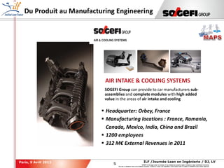 5
5
ILF /Journée Lean en Ingénierie / DJ, LVParis, 9 Avril 2013
SOGEFI is the legal owner or licensee of any intellectual property rights contained in this confidential document.
Any use, in whatever form or for whatever purpose, in whole or in part, and regardless of the means used, is subject to SOGEFI's prior written approval.
Du Produit au Manufacturing Engineering
SOGEFI
SOGEFI Group can provide to car manufacturers sub-
assemblies and complete modules with high added
value in the areas of air intake and cooling
AIR INTAKE & COOLING SYSTEMS
 Headquarter: Orbey, France
 Manufacturing locations : France, Romania,
Canada, Mexico, India, China and Brazil
 1200 employees
 312 M€ External Revenues in 2011
 