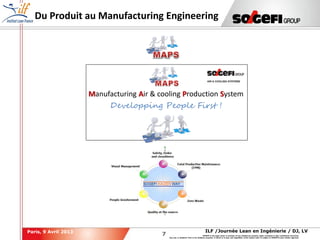 7
7
ILF /Journée Lean en Ingénierie / DJ, LVParis, 9 Avril 2013
SOGEFI is the legal owner or licensee of any intellectual property rights contained in this confidential document.
Any use, in whatever form or for whatever purpose, in whole or in part, and regardless of the means used, is subject to SOGEFI's prior written approval.
Du Produit au Manufacturing Engineering
Manufacturing Air & cooling Production System
Developping People First !
v
vv
v
v
 