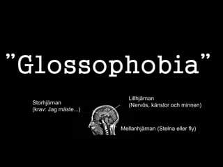 ”Glossophobia” 
4 
Lillhjärnan 
Storhjärnan (Nervös, känslor och minnen) 
(krav: Jag måste...) 
Mellanhjärnan (Stelna elle...