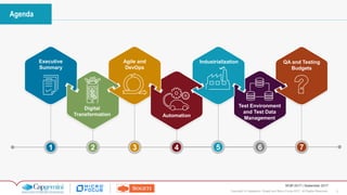 2Copyright © Capgemini, Sogeti and Micro Focus 2017. All Rights Reserved.
WQR 2017 | September 2017
Agenda
1 432
Executive
Summary
Digital
Transformation Automation
Agile and
DevOps
6 7
Test Environment
and Test Data
Management
QA and Testing
Budgets
5
Industrialization
 
