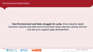 29Copyright © Capgemini, Sogeti and Micro Focus 2017. All Rights Reserved.
WQR 2017 | September 2017
Test Environment & Data Solutions
Test Environment and Data struggle for unity. Drive towards digital
business requires test data and environment setup requires velocity and low
cost set up to support agile development
 