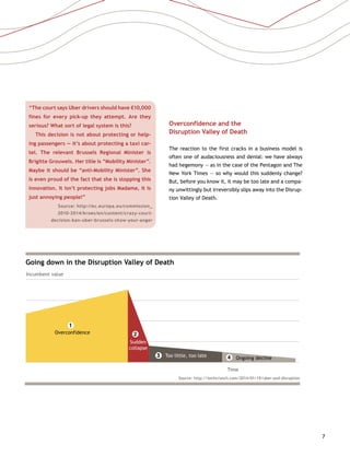 7
“The court says Uber drivers should have €10,000
fines for every pick-up they attempt. Are they
serious? What sort of legal system is this?
	 This decision is not about protecting or help-
ing passengers — it’s about protecting a taxi car-
tel. The relevant Brussels Regional Minister is
Brigitte Grouwels. Her title is “Mobility Minister”.
Maybe it should be “anti-Mobility Minister”. She
is even proud of the fact that she is stopping this
innovation. It isn’t protecting jobs Madame, it is
just annoying people!”
Source: http://ec.europa.eu/commission_
2010-2014/kroes/en/content/crazy-court-
decision-ban-uber-brussels-show-your-anger
Going down in the Disruption Valley of Death
Incumbent value
Time
Overconfidence
Sudden
collapse
Too little, too late Ongoing decline 
1
2
3 4
Source: http://techcrunch.com/2014/01/19/uber-and-disruption
Overconfidence and the
Disruption Valley of Death
The reaction to the first cracks in a business model is
often one of audaciousness and denial: we have always
had hegemony — as in the case of the Pentagon and The
New York Times — so why would this suddenly change?
But, before you know it, it may be too late and a compa-
ny unwittingly but irreversibly slips away into the Disrup-
tion Valley of Death.
 