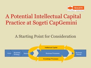 A Potential Intellectual Capital Practice at Sogeti CapGemini A Starting Point for Consideration Vision Business Strategy Measures Business Results Business Processes Knowledge Processes Intellectual Capital 