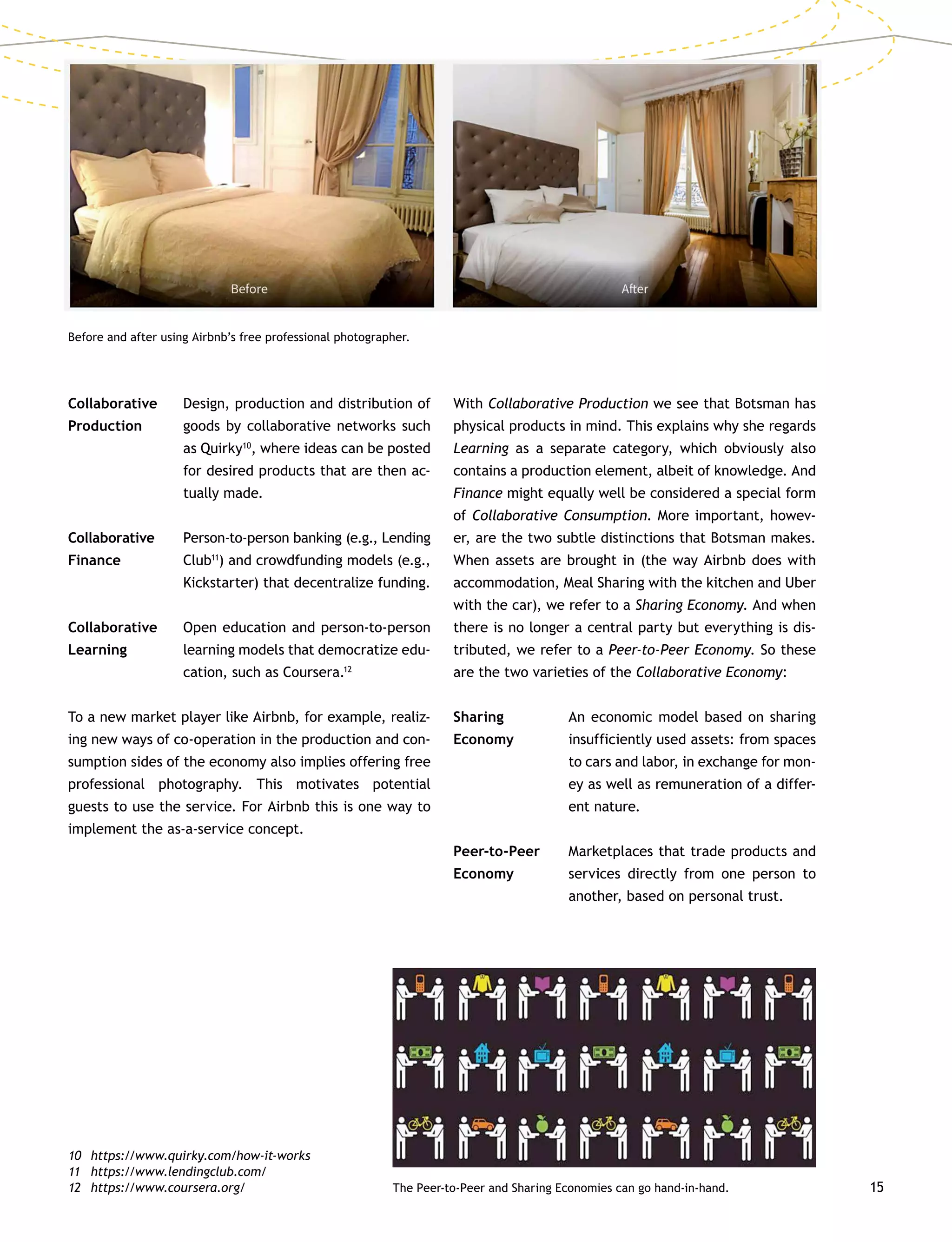 15
Before and after using Airbnb’s free professional photographer.
Collaborative	 Design, production and distribution of
Production 	goods by collaborative networks such
as Quirky10
, where ideas can be posted
for desired products that are then ac-
tually made.
Collaborative	 Person-to-person banking (e.g., Lending
Finance 		Club11
) and crowdfunding models (e.g.,
Kickstarter) that decentralize funding.
Collaborative	 Open education and person-to-person
Learning 	learning models that democratize edu-
cation, such as Coursera.12
To a new market player like Airbnb, for example, realiz-
ing new ways of co-operation in the production and con-
sumption sides of the economy also implies offering free
professional photography. This motivates potential
guests to use the service. For Airbnb this is one way to
implement the as-a-service concept.
10	https://www.quirky.com/how-it-works
11	https://www.lendingclub.com/
12	https://www.coursera.org/
With Collaborative Production we see that Botsman has
physical products in mind. This explains why she regards
Learning as a separate category, which obviously also
contains a production element, albeit of knowledge. And
Finance might equally well be considered a special form
of Collaborative Consumption. More important, howev-
er, are the two subtle distinctions that Botsman makes.
When assets are brought in (the way Airbnb does with
accommodation, Meal Sharing with the kitchen and Uber
with the car), we refer to a Sharing Economy. And when
there is no longer a central party but everything is dis-
tributed, we refer to a Peer-to-Peer Economy. So these
are the two varieties of the Collaborative Economy:
Sharing			 An economic model based on sharing
Economy 	insufficiently used assets: from spaces
to cars and labor, in exchange for mon-
ey as well as remuneration of a differ-
ent nature.
Peer-to-Peer	 Marketplaces that trade products and
Economy 	services directly from one person to
another, based on personal trust.
The Peer-to-Peer and Sharing Economies can go hand-in-hand.
 