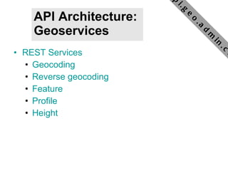 API Architecture:  Geoservices REST Services  Geocoding Reverse geocoding Feature Profile Height api.geo.admin.ch 