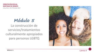 Lámina 1
MÓDULO 5
Módulo 5
La construcción de
servicios/tratamientos
culturalmente apropiados
para personas LGBTQ
ORIENTACIÓN SEXUAL
IDENTIDAD DE GÉNERO
Lima, Perú | 23-27 Octubre 2017
 