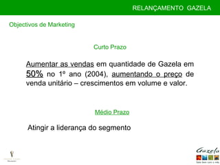 Curto Prazo Aumentar as vendas  em quantidade de Gazela em  50%  no 1º ano (2004),  aumentando o preço  de venda unitário – crescimentos em volume e valor. Objectivos de Marketing Médio Prazo Atingir a liderança do segmento RELANÇAMENTO  GAZELA 