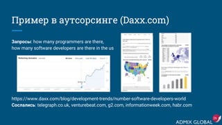 Пример в аутсорсинге (Daxx.com)
Запросы: how many programmers are there,
how many software developers are there in the us
https://www.daxx.com/blog/development-trends/number-software-developers-world
Сослались: telegraph.co.uk, venturebeat.com, g2.com, informationweek.com, habr.com
26
 