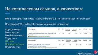 Не количеством ссылок, а качеством
Мега конкурентная ниша - website builders. В топах монстры типа wix.com
Поставили 200+ editorial ссылок на клиента, примеры:
Appsumo.com
Monday.com
Wordstream.com
Toggl.com
G2.com
Quicksprout.com
Godaddy.com
8
 