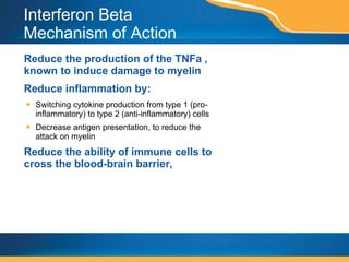 Interferon Beta Mechanism of Action Reduce the production of the TNFa , known to induce damage to myelin Reduce inflammation by: Switching cytokine production from type 1 (pro-inflammatory) to type 2 (anti-inflammatory) cells  Decrease antigen presentation, to reduce the attack on myelin Reduce the ability of immune cells to cross the blood-brain barrier,  
