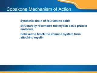 Copaxone Mechanism of Action Synthetic chain of four amino acids Structurally resembles the myelin basic protein molecule Believed to block the immune system from attacking myelin This page contains prescription brand drugs that are registered or registered trademarks of pharmaceutical manufacturers that are not affiliated with Caremark. 