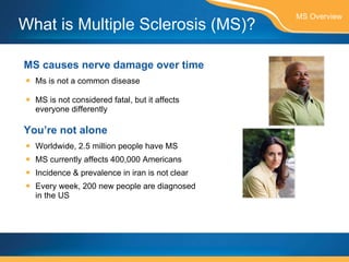 What is Multiple Sclerosis (MS)? MS causes nerve damage over time Ms is not a common disease MS is not considered fatal, but it affects everyone differently You’re not alone Worldwide, 2.5 million people have MS MS currently affects 400,000 Americans Incidence & prevalence in iran is not clear Every week, 200 new people are diagnosed in the US MS Overview 