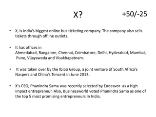 X?

+50/-25

• X, is India's biggest online bus ticketing company. The company also sells
tickets through offline outlets.
• It has offices in
Ahmedabad, Bangalore, Chennai, Coimbatore, Delhi, Hyderabad, Mumbai,
Pune, Vijayawada and Visakhapatnam.
•

It was taken over by the Ibibo Group, a joint venture of South Africa's
Naspers and China's Tencent in June 2013.

• X's CEO, Phanindra Sama was recently selected by Endeavor as a high
impact entrepreneur. Also, Businessworld voted Phanindra Sama as one of
the top 5 most promising entrepreneurs in India.

 