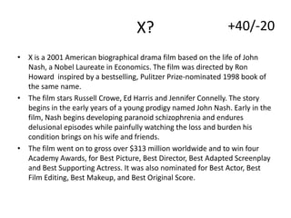 X?

+40/-20

• X is a 2001 American biographical drama film based on the life of John
Nash, a Nobel Laureate in Economics. The film was directed by Ron
Howard inspired by a bestselling, Pulitzer Prize-nominated 1998 book of
the same name.
• The film stars Russell Crowe, Ed Harris and Jennifer Connelly. The story
begins in the early years of a young prodigy named John Nash. Early in the
film, Nash begins developing paranoid schizophrenia and endures
delusional episodes while painfully watching the loss and burden his
condition brings on his wife and friends.
• The film went on to gross over $313 million worldwide and to win four
Academy Awards, for Best Picture, Best Director, Best Adapted Screenplay
and Best Supporting Actress. It was also nominated for Best Actor, Best
Film Editing, Best Makeup, and Best Original Score.

 
