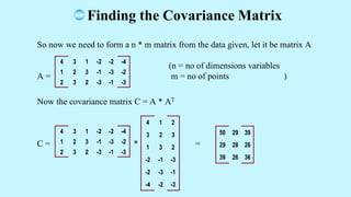 So now we need to form a n * m matrix from the data given, let it be matrix A
(n = no of dimensions variables
A = m = no of points )
Now the covariance matrix C = A * AT
C = * =
4 3 1 -2 -2 -4
1 2 3 -1 -3 -2
2 3 2 -3 -1 -3
4 1 2
3 2 3
1 3 2
-2 -1 -3
-2 -3 -1
-4 -2 -3
50 29 39
29 28 26
39 26 36
Finding the Covariance Matrix
4 3 1 -2 -2 -4
1 2 3 -1 -3 -2
2 3 2 -3 -1 -3