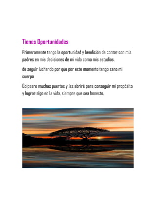 Tienes Oportunidades
Primeramente tengo la oportunidad y bendición de contar con mis
padres en mis decisiones de mi vida como mis estudios.
de seguir luchando por que por este momento tengo sano mi
cuerpo
Golpeare muchas puertas y las abriré para conseguir mi propósito
y lograr algo en la vida, siempre que sea honesto.
 