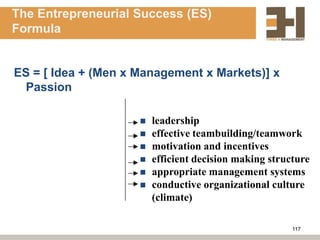 The Entrepreneurial Success (ES)
Formula


ES = [ Idea + (Men x Management x Markets)] x
 Passion

                        leadership
                        effective teambuilding/teamwork
                        motivation and incentives
                        efficient decision making structure
                        appropriate management systems
                        conductive organizational culture
                         (climate)

                                                        117
 