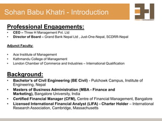 Sohan Babu Khatri - Introduction
Professional Engagements:
•   CEO – Three H Management Pvt. Ltd
•   Director of Board – Grand Bank Nepal Ltd , Just-One-Nepal, SCDRR-Nepal

Adjunct Faculty:

•   Ace Insititute of Management
•   Kathmandu College of Management
•   London Chamber of Commerce and Industries – International Qualification


Background:
•   Bachelor’s of Civil Engineering (BE Civil) - Pulchowk Campus, Institute of
    Engineering, Nepal
•   Masters of Business Administration (MBA - Finance and
    Marketing), Bangalore University, India
•   Certified Financial Manager (CFM), Centre of Financial Management, Bangalore
•   Licensed International Financial Analyst (LIFA) - Charter Holder – International
    Research Association, Cambridge, Massachusetts
 