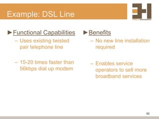 Example: DSL Line

►Functional Capabilities      ►Benefits
  – Uses existing twisted       – No new line installation
    pair telephone line           required

  – 15-20 times faster than     – Enables service
    56kbps dial up modem          operators to sell more
                                  broadband services




                                                        62
 