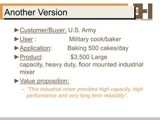 Another Version
  ►Customer/Buyer: U.S. Army
  ►User :            Military cook/baker
  ►Application:     Baking 500 cakes/day
  ►Product:           $3,500 Large
   capacity, heavy duty, floor mounted industrial
   mixer
  ►Value proposition:
    – “This industrial mixer provides high capacity, high
      performance and very long term reliability”.
 