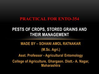 MADE BY – SOHANI AMOL RATNAKAR
(M.Sc. Agri.)
Asst. Professor - Agricultural Entomology
College of Agriculture, Ghargaon. Distt.- A. Nagar,
Maharashtra
PRACTICAL FOR ENTO-354
PESTS OF CROPS, STORED GRAINS AND
THEIR MANAGEMENT
 