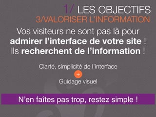 Vos visiteurs ne sont pas là pour
admirer l’interface de votre site !
Ils recherchent de l’information !
Clarté, simplicité de l’interface
+
Guidage visuel
N’en faîtes pas trop, restez simple !
3/VALORISER L’INFORMATION
1/ LES OBJECTIFS
 