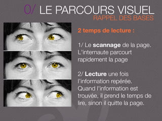 2 temps de lecture :
1/ Le scannage de la page.
L'internaute parcourt
rapidement la page
2/ Lecture une fois
l’information repérée.
Quand l'information est
trouvée, il prend le temps de
lire, sinon il quitte la page.
0/ LE PARCOURS VISUEL
RAPPEL DES BASES
 