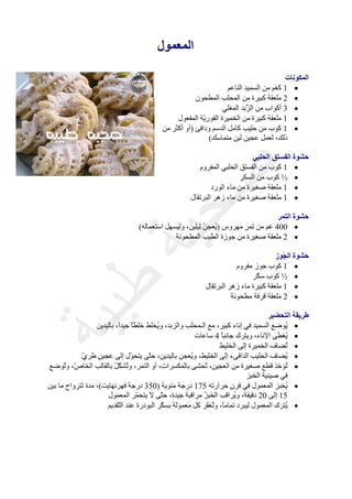 ‫اﻟﻤﻌﻤﻮل‬

                                                                                        ‫اﻟﻤﻜﻮﻧﺎت‬
                                                                  ‫• 1 آﻐﻢ ﻣﻦ اﻟﺴﻤﻴﺪ اﻟﻨﺎﻋﻢ‬
                                                      ‫• 2 ﻣﻠﻌﻘﺔ آﺒﻴﺮة ﻣﻦ اﻟﻤﺤﻠﺐ اﻟﻤﻄﺤﻮن‬
                                                                 ‫• 3 أآﻮاب ﻣﻦ اﻟ ّﺑﺪ اﻟﻤﻐﻠﻲ‬
                                                                          ‫ﺰ‬
                                                                          ‫ُ‬
                                               ‫• 1 ﻣﻠﻌﻘﺔ آﺒﻴﺮة ﻣﻦ اﻟﺨﻤﻴﺮة اﻟﻔﻮر ّﺔ اﻟﻤﻔﻌﻮل‬
                                                         ‫ﻳ‬
                                          ‫• 1 آﻮب ﻣﻦ ﺣﻠﻴﺐ آﺎﻣﻞ اﻟﺪﺳﻢ وداﻓﺊ )أو أآﺜﺮ ﻣﻦ‬
                                                           ‫ذﻟﻚ، ﻟﻌﻤﻞ ﻋﺠﻴﻦ ﻟﻴﻦ ﻣﺘﻤﺎﺳﻚ(‬

                                                                            ‫ﺣﺸﻮة اﻟﻔﺴﺘﻖ اﻟﺤﻠﺒﻲ‬
                                                        ‫• 1 آﻮب ﻣﻦ اﻟﻔﺴﺘﻖ اﻟﺤﻠﺒﻲ اﻟﻤﻔﺮوم‬
                                                                        ‫• ½ آﻮب ﻣﻦ اﻟﺴﻜﺮ‬
                                                             ‫• 1 ﻣﻠﻌﻘﺔ ﺻﻐﻴﺮة ﻣﻦ ﻣﺎء اﻟﻮرد‬
                                                     ‫• 1 ﻣﻠﻌﻘﺔ ﺻﻐﻴﺮة ﻣﻦ ﻣﺎء زهﺮ اﻟﺒﺮﺗﻘﺎل‬

                                                                                  ‫ﺣﺸﻮة اﻟﺘﻤﺮ‬
                                 ‫• 004 ﻏﻢ ﻣﻦ ﺗﻤﺮ َﻬﺮوس ) ُﻌﺠﻦ ِﻴﻠﻴﻦ، وﻟ َﺴﻬﻞ اﺳﺘﻌﻤﺎﻟﻪ(‬
                                              ‫ﻴ‬         ‫ﻳ ُﻟ‬         ‫ٍﻣ‬
                                              ‫• 2 ﻣﻠﻌﻘﺔ ﺻﻐﻴﺮة ﻣﻦ ﺟﻮزة اﻟ ّﻴﺐ اﻟﻤﻄﺤﻮﻧﺔ‬
                                                            ‫ﻄ‬

                                                                                    ‫ﺣﺸﻮة اﻟ َﻮز‬
                                                                                       ‫ﺠ‬
                                                                      ‫• 1 آﻮب ﺟﻮز ﻣﻔﺮوم‬
                                                                           ‫• ½ آﻮب ﺳ ّﺮ‬
                                                                             ‫ﻜ‬
                                                          ‫• 1 ﻣﻠﻌﻘﺔ آﺒﻴﺮة ﻣﺎء زهﺮ اﻟﺒﺮﺗﻘﺎل‬
                                                                    ‫• 2 ﻣﻠﻌﻘﺔ ﻗﺮﻓﺔ ﻣﻄﺤﻮﻧﺔ‬

                                                                                    ‫ﻃﺮﻳﻘﺔ اﻟﺘﺤﻀﻴﺮ‬
                  ‫• ُﻮﺿﻊ اﻟﺴﻤﻴﺪ ﻓﻲ إﻧﺎء آﺒﻴﺮ، ﻣﻊ اﻟـﻤﺤﻠﺐ واﻟﺰﺑﺪ، و ُﺨﻠﻂ ﺧﻠﻄﺎ ﺟﻴﺪً، ﺑﺎﻟﻴﺪﻳﻦ‬
                           ‫ً ا‬             ‫ﻳ‬                                              ‫ﻳ‬
                                                         ‫• ُﻐﻄﻰ اﻹﻧﺎء، وﻳﺘﺮك ﺟﺎﻧﺒﺎ 4 ﺳﺎﻋﺎت‬
                                                                   ‫ً‬                      ‫ﻳ‬
                                                                  ‫• ُﻀﺎف اﻟﺨﻤﻴﺮة إﻟﻰ اﻟﺨﻠﻴﻂ‬
                                                                                          ‫ﺗ‬
            ‫• ُﻀﺎف اﻟﺤﻠﻴﺐ اﻟﺪاﻓﻰء إﻟﻰ اﻟﺨﻠﻴﻂ، و ُﻌﺠﻦ ﺑﺎﻟﻴﺪﻳﻦ، ﺣ ّﻰ ﻳﺘﺤ ّل إﻟﻰ ﻋﺠﻴﻦ ﻃﺮي‬
            ‫ّ‬      ‫ٍ‬             ‫ﻮ‬     ‫ﺘ‬               ‫ﻳ‬                                  ‫ﻳ‬
‫• ُﺆﺧﺬ ﻗﻄﻊ ﺻﻐﻴﺮة ﻣﻦ اﻟﻌﺠﻴﻦ، ُﺤﺸﻰ ﺑﺎﻟﻤﻜﺴﺮات، أو اﻟﺘﻤﺮ، و ُﺸ ّﻞ ﺑﺎﻟﻘﺎﻟﺐ اﻟﺨﺎ ّ، و ُﻮﺿﻊ‬
      ‫ص ﺗ‬                ‫ﺗ ﻜُ‬                               ‫ﺗ‬                             ‫ﺗ‬
                                                                            ‫ﻓﻲ ﺻﻴﻨﻴﺔ اﻟﺨﺒﺰ‬
‫• ُﺨﺒﺰ اﻟﻤﻌﻤﻮل ﻓﻲ ﻓﺮن ﺣﺮارﺗﻪ 571 درﺟﺔ ﻣﺌﻮﻳﺔ )053 درﺟﺔ ﻓﻬﺮﻧﻬﺎﻳﺖ(، ﻣﺪة ﺗﺘﺮواح ﻣﺎ ﺑﻴﻦ‬
                                                                      ‫ٍ‬                   ‫ﻳ‬
                      ‫51 إﻟﻰ 02 دﻗﻴﻘﺔ، و ُﺮاﻗﺐ اﻟ َﺒﺰ ﻣﺮاﻗﺒﺔ ﺟﻴﺪة، ﺣ ّﻰ ﻻ ﻳﺘﺤ ّﺮ اﻟﻤﻌﻤﻮل‬
                                   ‫ﻤ‬         ‫ﺘ‬             ‫ﺨ ُ‬          ‫ﻳ‬
                      ‫• ُﺘﺮك اﻟﻤﻌﻤﻮل ﻟﻴﺒﺮد ﺗﻤﺎﻣً، وﺗﻌ ّﺮ آﻞ َﻌﻤﻮﻟﺔ ﺑﺴ ّﺮ اﻟﺒﻮدرة ﻋﻨﺪ اﻟ ّﻘﺪﻳﻢ‬
                           ‫ﺘ‬                 ‫ﻜ‬        ‫ﻣ‬      ‫ﺎ ُ َﻔ‬                       ‫ﻳ‬
 