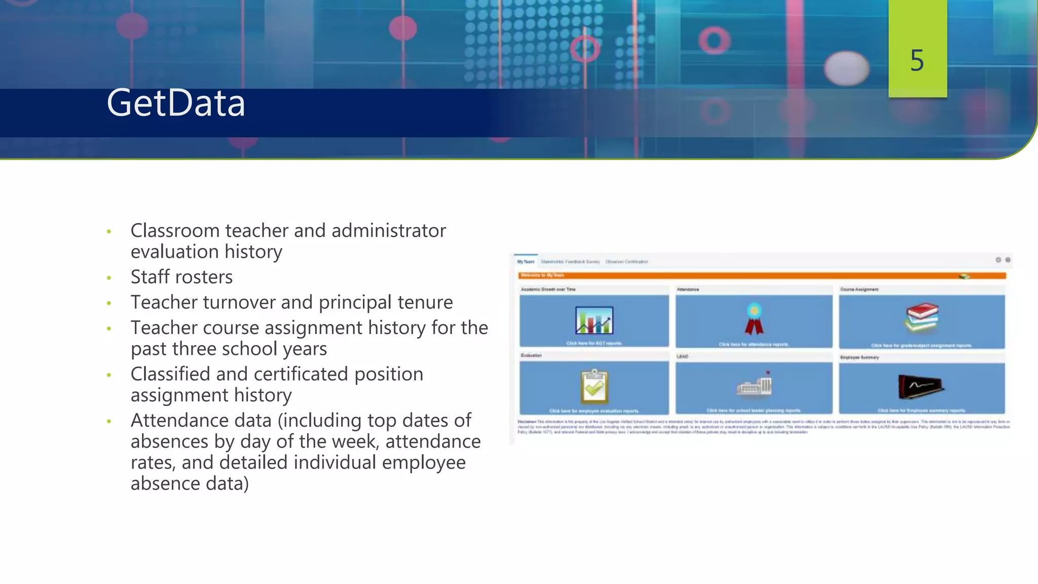 • Classroom teacher and administrator
evaluation history
• Staff rosters
• Teacher turnover and principal tenure
• Teacher course assignment history for the
past three school years
• Classified and certificated position
assignment history
• Attendance data (including top dates of
absences by day of the week, attendance
rates, and detailed individual employee
absence data)
5
GetData
 