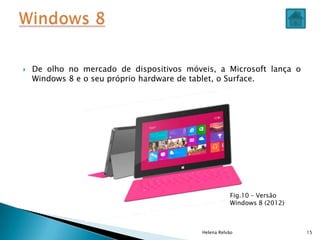  De olho no mercado de dispositivos móveis, a Microsoft lança o
Windows 8 e o seu próprio hardware de tablet, o Surface.
Helena Relvão 15
Fig.10 – Versão
Windows 8 (2012)
 