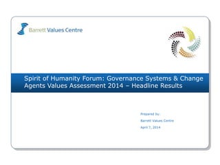 Spirit of Humanity Forum: Governance Systems & Change
Agents Values Assessment 2014 – Headline Results
Prepared by:
Barrett Values Centre
April 7, 2014
 
