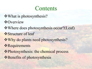 Contents
What is photosynthesis?
Overview
Where does photosynthesis occur?(Leaf)
Structure of leaf
Why do plants need photosynthesis?
Requirements
Photosynthesis: the chemical process
Benefits of photosynthesis
 