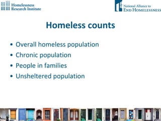 Homeless counts Overall homeless population Chronic population People in families Unsheltered population 