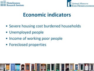 Economic indicators Severe housing cost burdened households Unemployed people Income of working poor people Foreclosed properties 