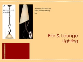 L4Wall mounted fixtureNear booth seating Mini pendants over barL5Bar & LoungeLighting