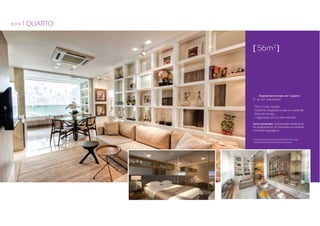 >>> 1 Quarto


               [ 56m2 ]




               >>> Apartamentos tipo de 1 quarto:
               20 ao 220º pavimento

               · 56m2, suíte, lavabo
               · Cozinha integrada à sala e à varanda
               · Área de serviço
               · 1 vaga para um ou dois veículos

               Itens opcionais: Automação residencial,
               Kit acabamento, Kit bancada na varanda
               e Kit rede frigorígena.

               Existirá opção de planta com fechamento entre
               o quarto e a sala em drywall ou alvenaria.
 
