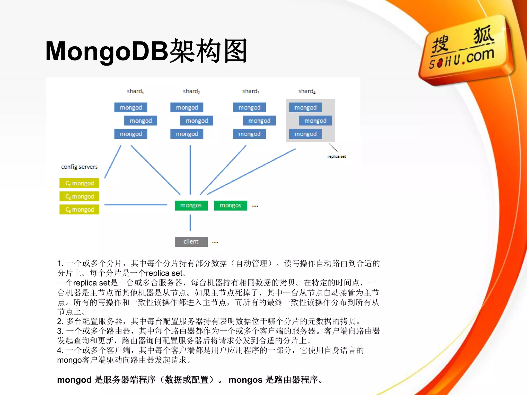MongoDB架构图




1. 一个或多个分片，其中每个分片持有部分数据（自动管理）。读写操作自动路由到合适的
分片上。每个分片是一个replica set。
一个replica set是一台或多台服务器，每台机器持有相同数据的拷贝。在特定的时间点，一
台机器是主节点而其他机器是从节点。如果主节点死掉了，其中一台从节点自动接管为主节
点。所有的写操作和一致性读操作都进入主节点，而所有的最终一致性读操作分布到所有从
节点上。
2. 多台配置服务器，其中每台配置服务器持有表明数据位于哪个分片的元数据的拷贝。
3. 一个或多个路由器，其中每个路由器都作为一个或多个客户端的服务器。客户端向路由器
发起查询和更新，路由器询问配置服务器后将请求分发到合适的分片上。
4. 一个或多个客户端，其中每个客户端都是用户应用程序的一部分，它使用自身语言的
mongo客户端驱动向路由器发起请求。

mongod 是服务器端程序（数据或配置）。 mongos 是路由器程序。
 