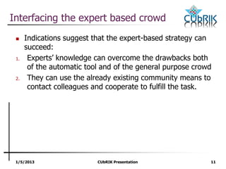 1/5/2013 CUbRIK Presentation 11
Interfacing the expert based crowd
 Indications suggest that the expert-based strategy can
succeed:
1. Experts’ knowledge can overcome the drawbacks both
of the automatic tool and of the general purpose crowd
2. They can use the already existing community means to
contact colleagues and cooperate to fulfill the task.
 