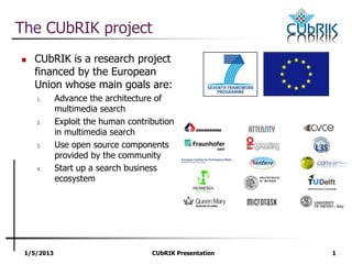 1/5/2013 CUbRIK Presentation 1
The CUbRIK project
 CUbRIK is a research project
financed by the European
Union whose main goals are:
1. Advance the architecture of
multimedia search
2. Exploit the human contribution
in multimedia search
3. Use open source components
provided by the community
4. Start up a search business
ecosystem
 