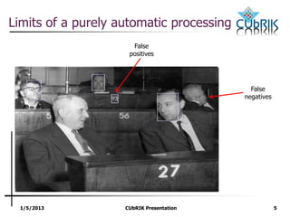 1/5/2013 CUbRIK Presentation 5
Limits of a purely automatic processing
False
negatives
False
positives
 
