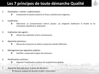 Les 7 principes de toute démarche Qualité
1. Orientation « clients » (administrés) :
 Comprendre les besoins présents et futurs, satisfaire leurs exigences.
2. Leadership :
 Déterminer un environnement interne propice. Les dirigeants établissent la finalité et les
orientations Qualité de la collectivité.
3. Implication des agents :
 Utiliser leurs aptitudes et leurs connaissances.
4. Approche processus :
 Allouer des ressources et mettre en place les activités afférentes.
5. Management par approche système :
 Identifier, comprendre et gérer des processus.
6. Amélioration continue :
 Organiser l'amélioration continue de la performance globale.
7. Approche factuelle pour la prise de décisions :
 Mesurer, analyser les données et gérer l'information.
 