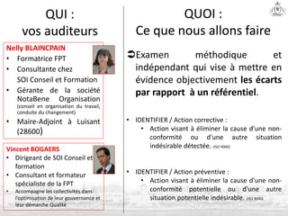 QUI :
vos auditeurs
Nelly BLAINCPAIN
• Formatrice FPT
• Consultante chez
SOI Conseil et Formation
• Gérante de la société
NotaBene Organisation
(conseil en organisation du travail,
conduite du changement)
• Maire-Adjoint à Luisant
(28600)
Examen méthodique et
indépendant qui vise à mettre en
évidence objectivement les écarts
par rapport à un référentiel.
• IDENTIFIER / Action corrective :
• Action visant à éliminer la cause d'une non-
conformité ou d'une autre situation
indésirable détectée. (ISO 9000)
• IDENTIFIER / Action préventive :
• Action visant à éliminer la cause d'une non-
conformité potentielle ou d'une autre
situation potentielle indésirable. (ISO 9000)
QUOI :
Ce que nous allons faire
Vincent BOGAERS
• Dirigeant de SOI Conseil et
formation
• Consultant et formateur
spécialiste de la FPT
• Accompagne les collectivités dans
l’optimisation de leur gouvernance et
leur démarche Qualité
 