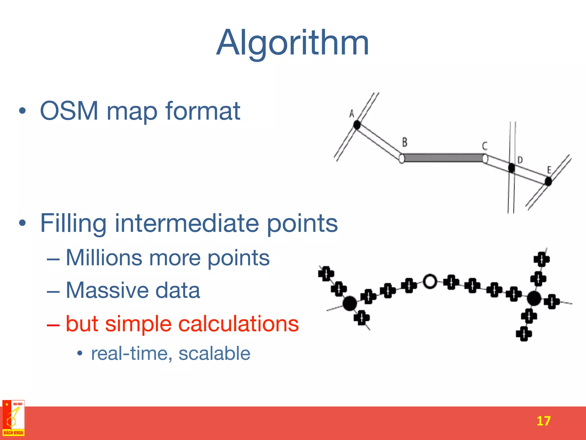 Algorithm
•  OSM map format
•  Filling intermediate points
– Millions more points 
– Massive data 
– but simple calculations
•  real-time, scalable
17	
  
 