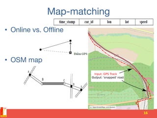 Map-matching
•  Online vs. Oﬄine

•  OSM map
16	
  
 