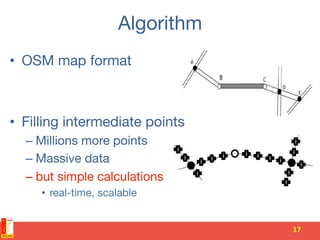 Algorithm
•  OSM map format
•  Filling intermediate points
– Millions more points 
– Massive data 
– but simple calculations
•  real-time, scalable
17	
  
 
