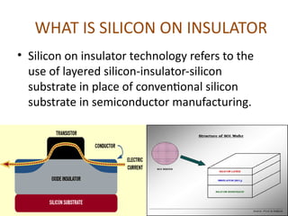 WHAT IS SILICON ON INSULATOR
• Silicon on insulator technology refers to the
use of layered silicon-insulator-silicon
substrate in place of conventional silicon
substrate in semiconductor manufacturing.
 