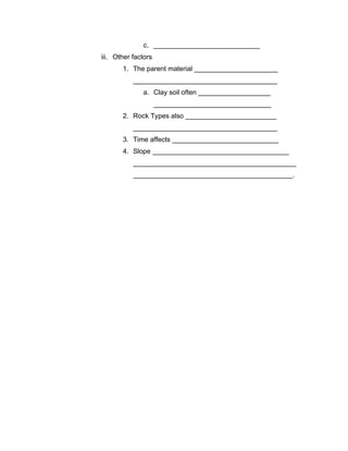 c. ____________________________
iii. Other factors
       1. The parent material ______________________
           ______________________________________
              a. Clay soil often ___________________
                     _______________________________
       2. Rock Types also ________________________
           ______________________________________
       3. Time affects ____________________________
       4. Slope ____________________________________
           ___________________________________________
           __________________________________________.
 