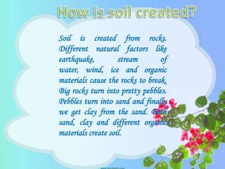 Soil is created from rocks.
Different natural factors like
earthquake,         stream       of
water, wind, ice and organic
materials cause the rocks to break.
Big rocks turn into pretty pebbles.
Pebbles turn into sand and finally
we get clay from the sand. Both
sand, clay and different organic
materials create soil.
 